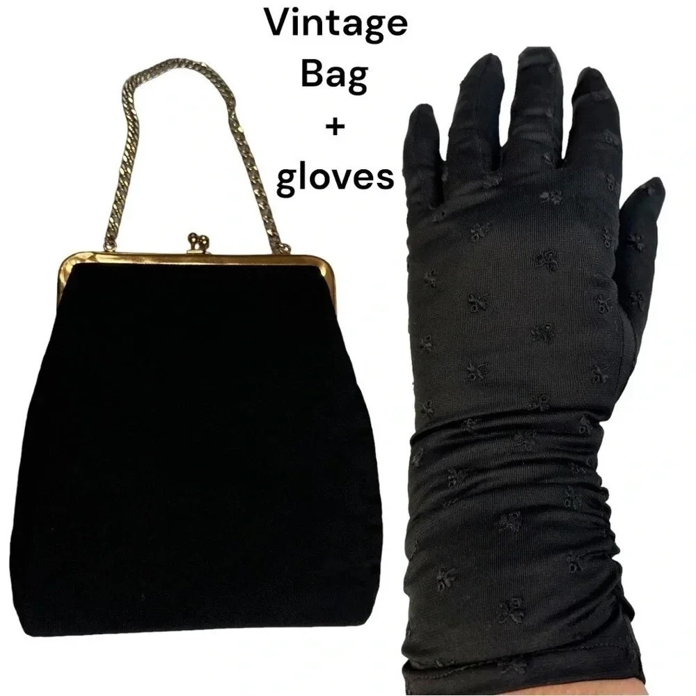 Vintage Handbag and Gloves Set OS Black Velvet‎ Gold Chain Kiss Lock Embroidered